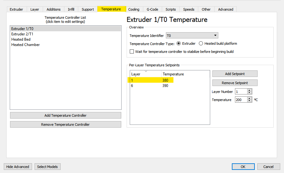 First layer extrusion temperature setting in the Temperature tab